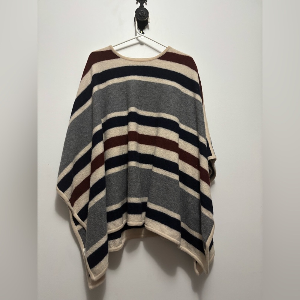 100% Merino Wool Ann Taylor Striped Poncho in Gray, Cream, and Burgandy